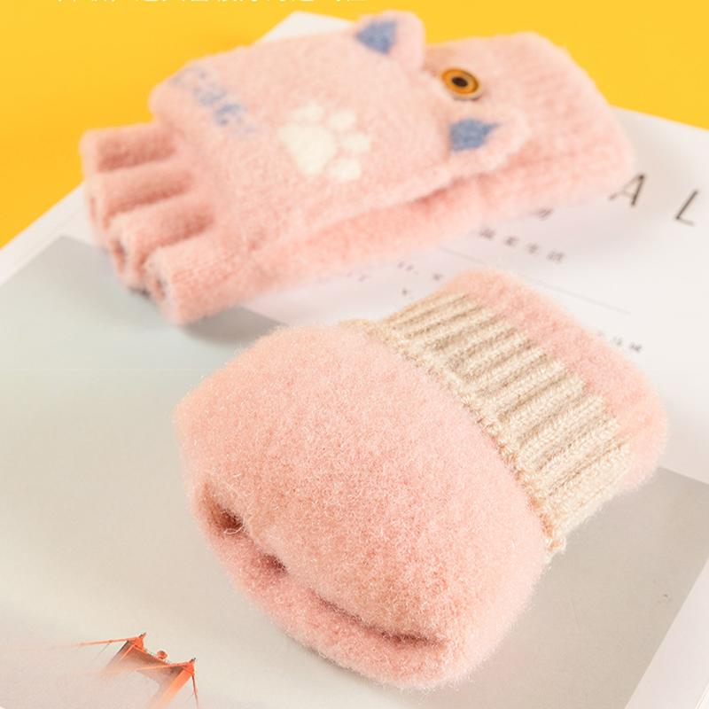 Handschuhe für Damen, Winter, süße Cartoon-Halbfinger-Flip-up-warme Student-Schreib-Strickhandschuhe
