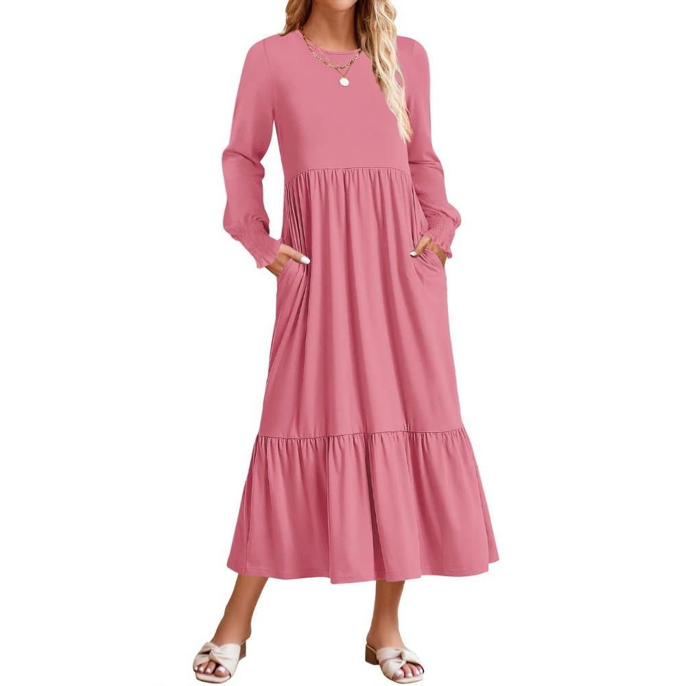 Long-sleeved Smocked Fashionable Casual Dress with Full Skirt