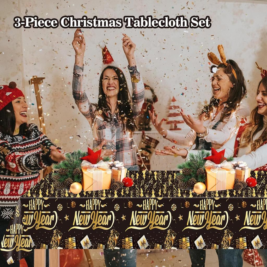 3Pcs Happy New Year Tablecloths,Black and Gold Table Covers Disposable Plastic Waterproof Tables Cover for 2026 New Year Table Supplies