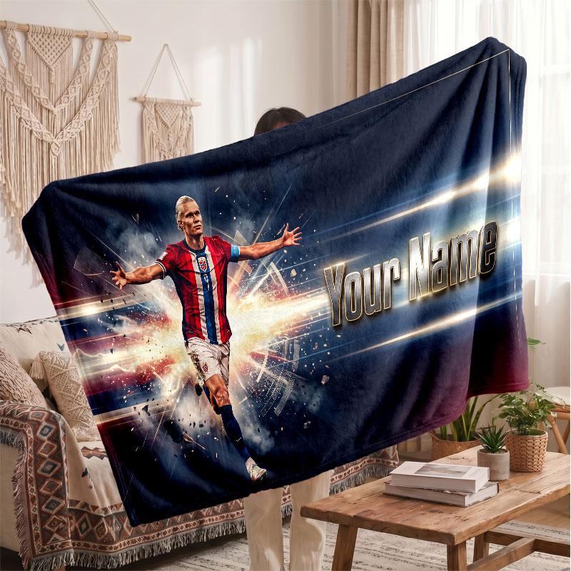 Erling Haaland Personalized Fleece Blanket With Football Logo, Custom Name Text Soft Warm Home Throw Blanket