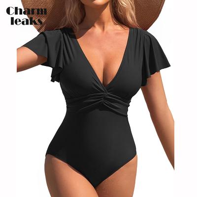 Damen Badeanzug mit Bauchkontrolle, einteilig, vollständige Bedeckung, V-Ausschnitt, Retro-Rüschen, Bademode