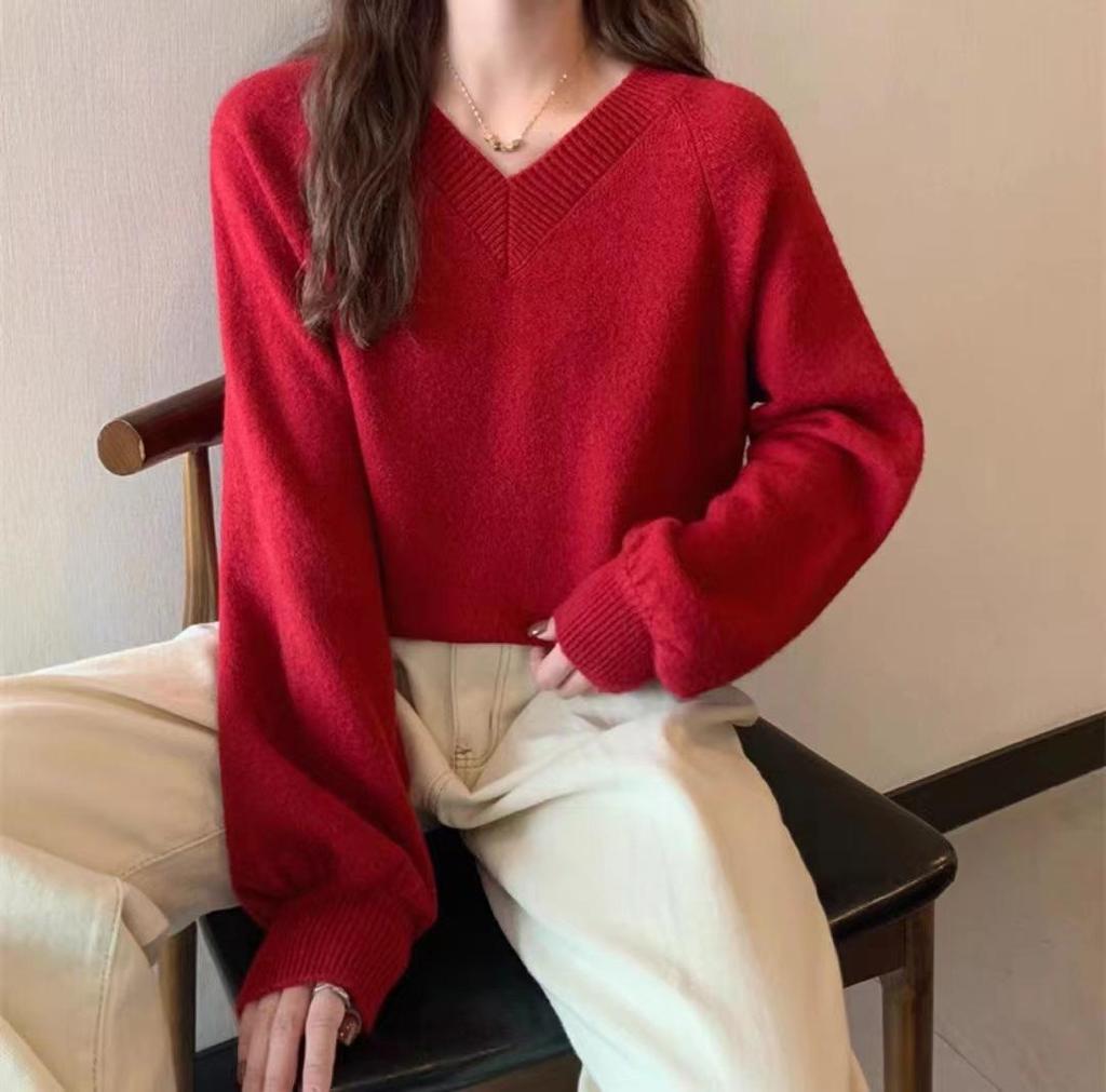 2023 Autumn Winter Women's Loose V-neck Pullover Sweater - Lazy Korean Style Knitwear Base Layer