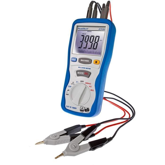 Peaktech 2705 - milliohmmètre numérique avec cordons de mesure kelvin à 4 broches, mesure de distance, tüv/gs,