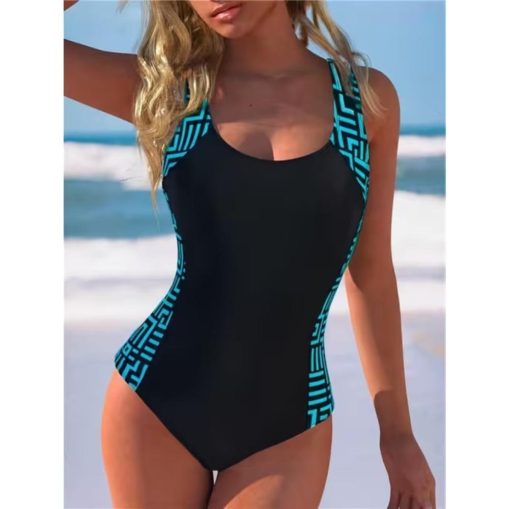 Sommer Sexy Geometrisches Muster Gedruckter Einteiler Badeanzug Schlanke Passform und Schlankmachend, Tiefes U-Rücken-Design, Strand Pool Urlaub Auffälliger Mode Badeanzug