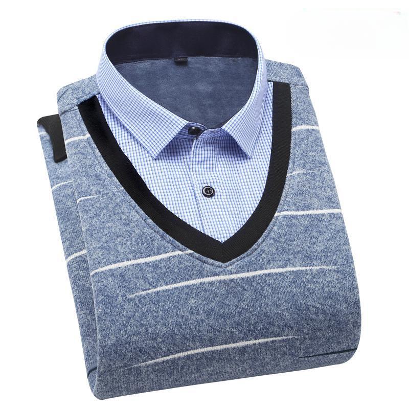 Toamnă și iarnă catifea îngroșată fals doi bărbați cu mânecă lungă guler pulover pulover casual cald tricotat