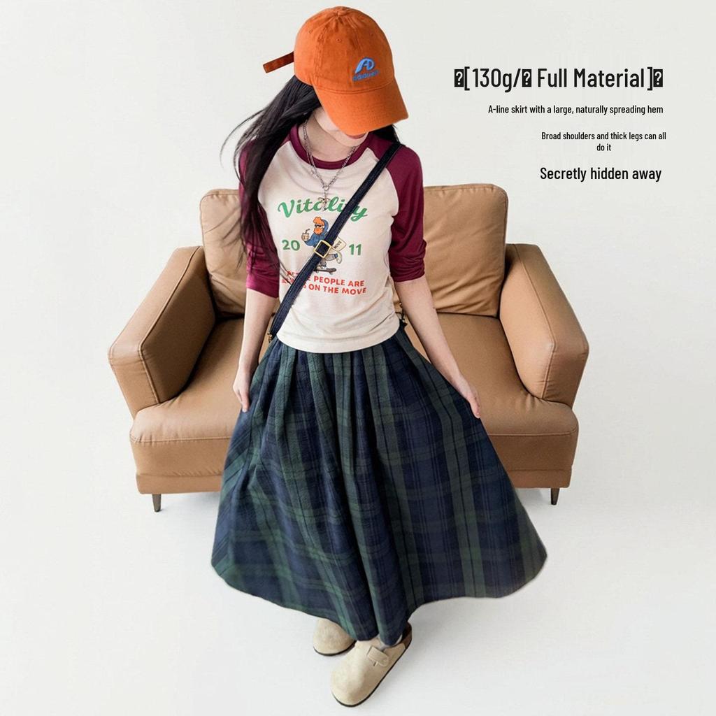 Maden Retro Cotton Gauze Plaid Maxi Skirt: Elastic Waist, Textured A-line Umbrella Design for Women