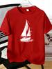 Sailing Yacht Silhouette Print Unisexs Red Tee Soft Cotton Nautical Ocean Theme Casual Daily Summer Male Crew Neck Short Sleeve Top