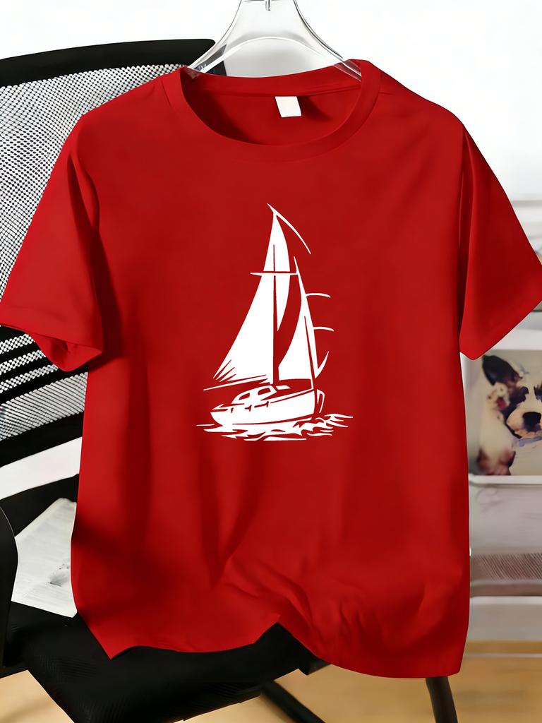 Sailing Yacht Silhouette Print Unisexs Red Tee Soft Cotton Nautical Ocean Theme Casual Daily Summer Male Crew Neck Short Sleeve Top