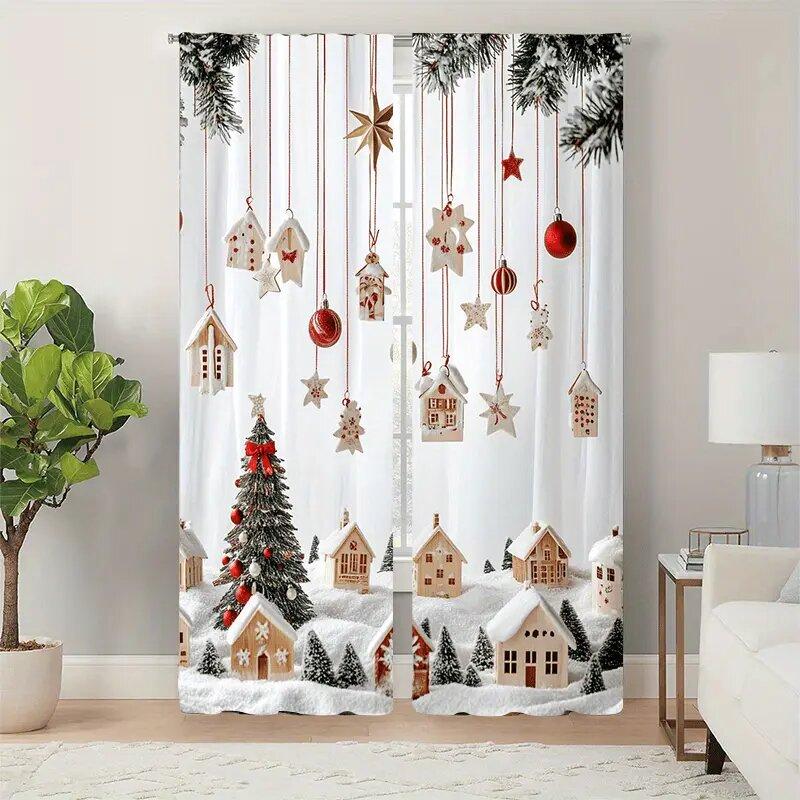 

Christmas holiday snow house and cedar tree pattern printed curtains, decorations, home room decorations 14Wx39L(35x100CM)x2