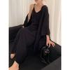 Womens Elegant Knit Two-Piece Set: Batwing Sleeve Sweater Long Slip Dress Casual Outfit In Wool Blend