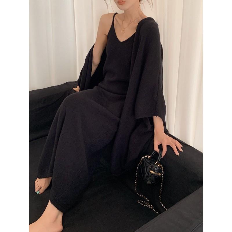 Womens Elegant Knit Two-Piece Set: Batwing Sleeve Sweater Long Slip Dress Casual Outfit In Wool Blend