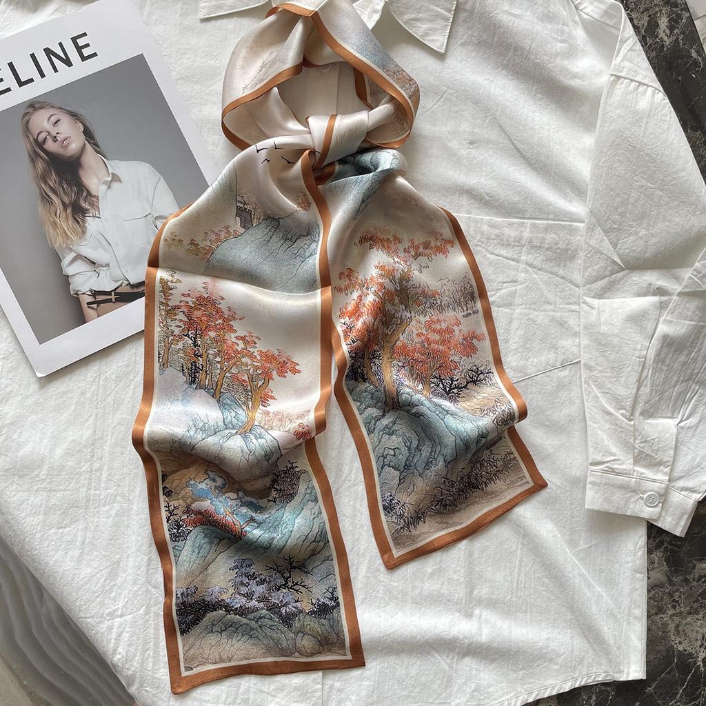 Oil painting, landscape painting, silk silk scarf, women's slender silk scarf, high-end double-layer double-sided streamer, sunscreen shawl