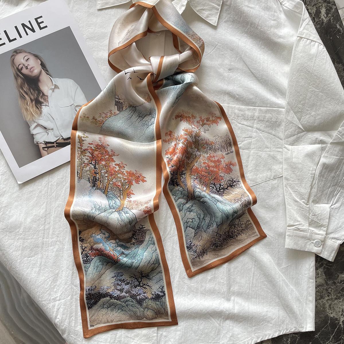 Oil painting, landscape painting, silk silk scarf, women s slender silk scarf, high-end double-layer double-sided streamer, sunscreen shawl 150*15cm