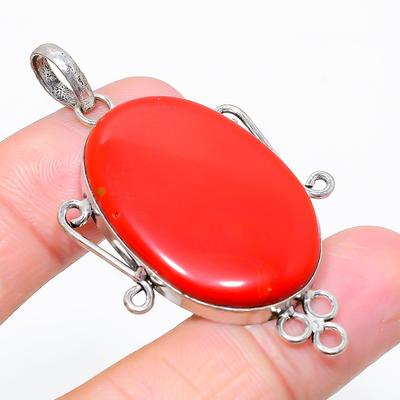 Italian Red Coral Gemstone 925 Sterling Silver Jewelry Pendant 2.21" z6Z82