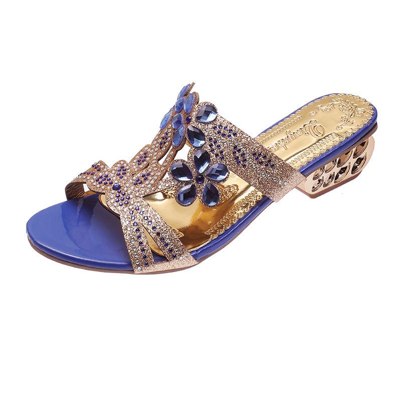 Rhinestone Low Heel Woman Slippers Outside Sandals 39 Unique Slides Chic and Elegant Shoes for Women Korea Style Shoe Wholesale
