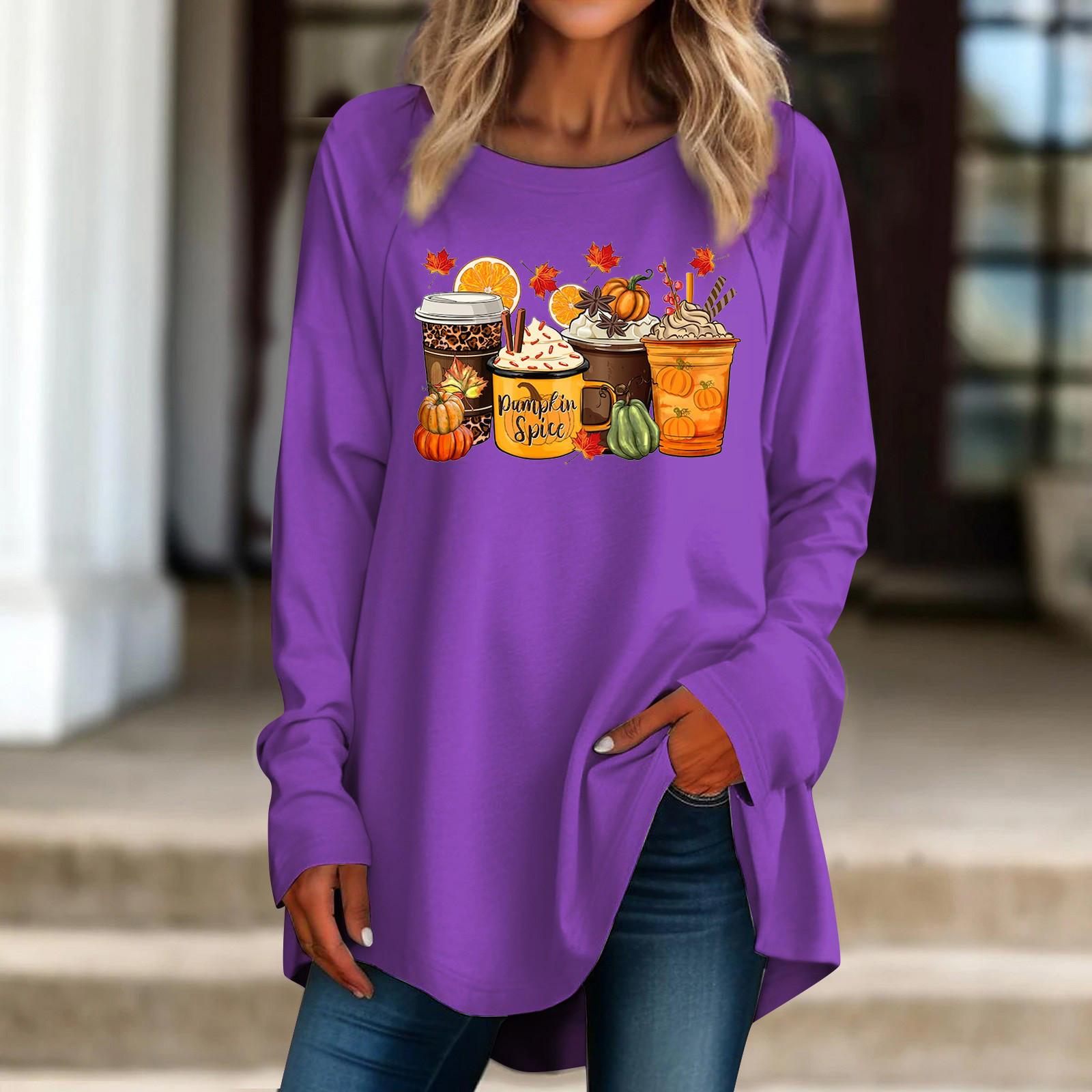 

Женская повседневная футболка больших размеров с длинными рукавами и круглым вырезом в стиле ретро, ​​пуловер L фиолетовый