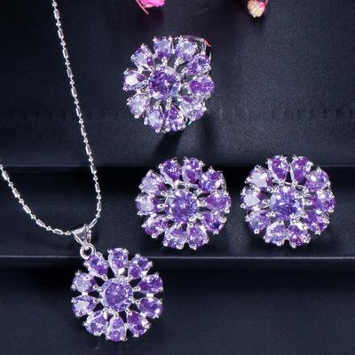 WWJ Conjuntos de anillos y pendientes con colgante de flor de sol y circonita cúbica