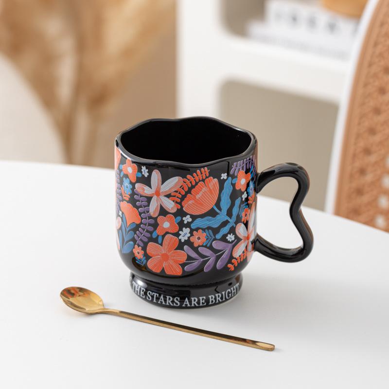 Linglong Flower Coffee Cup Saucer Set High Value Ceramic Mug Original Watercolor Fashion Ceramic Coffee Cup Saucer