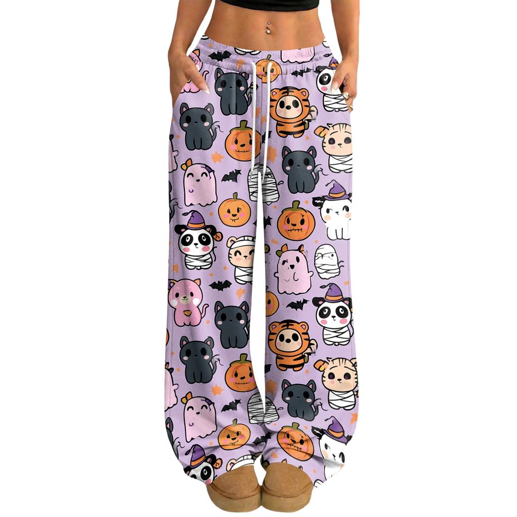 Women's Halloween Print Casual Wide Leg Pants with Drawstring Elastic Waist for Holiday Parties