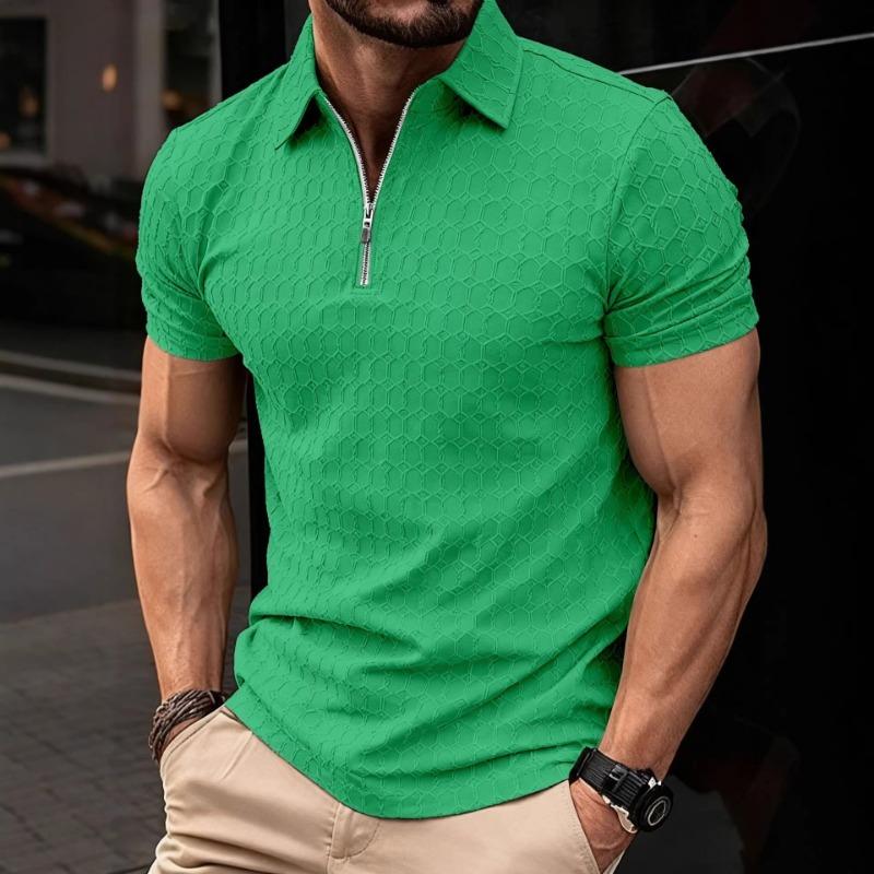 Mens Casual Zip Up Polo Shirt Short Sleeve Textured Top