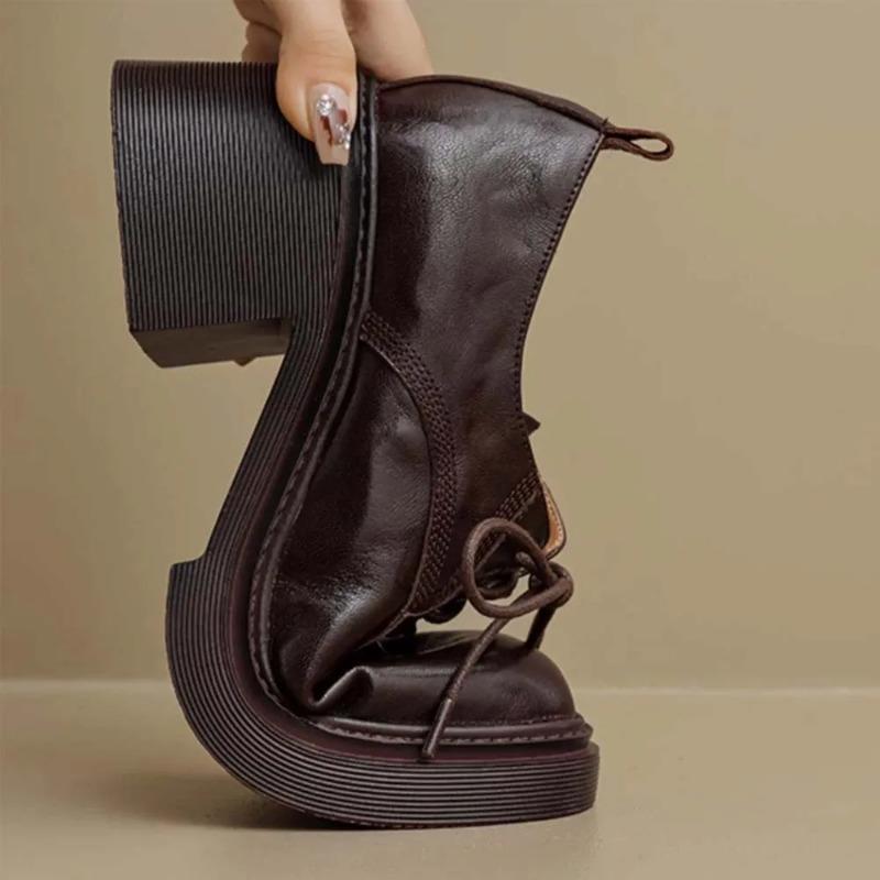 Fashion Lefu Shoes Womens Cowhide Lace Up Flat Shoes Oxford Round Toe Retro British High-Quality Soft Comfortable All Season Daily Shoes