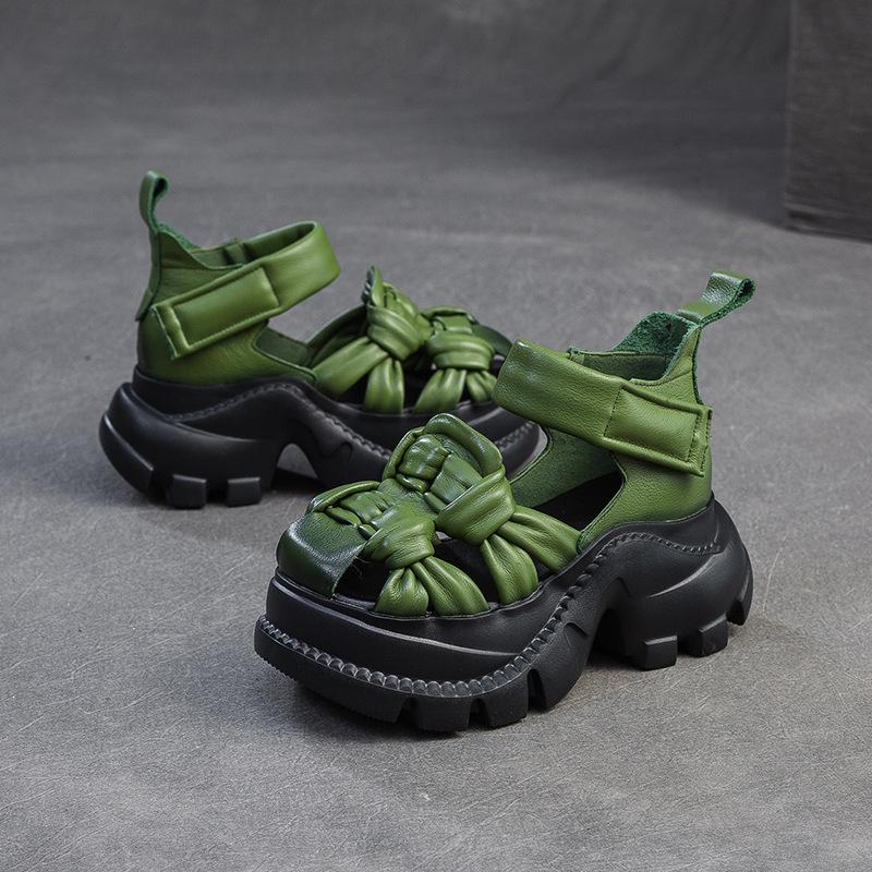 Jieshu Summer New Niche Style Muffin and First-layer Cowhide Sandals Comfortable Woven Breathable Retro Women's Shoes