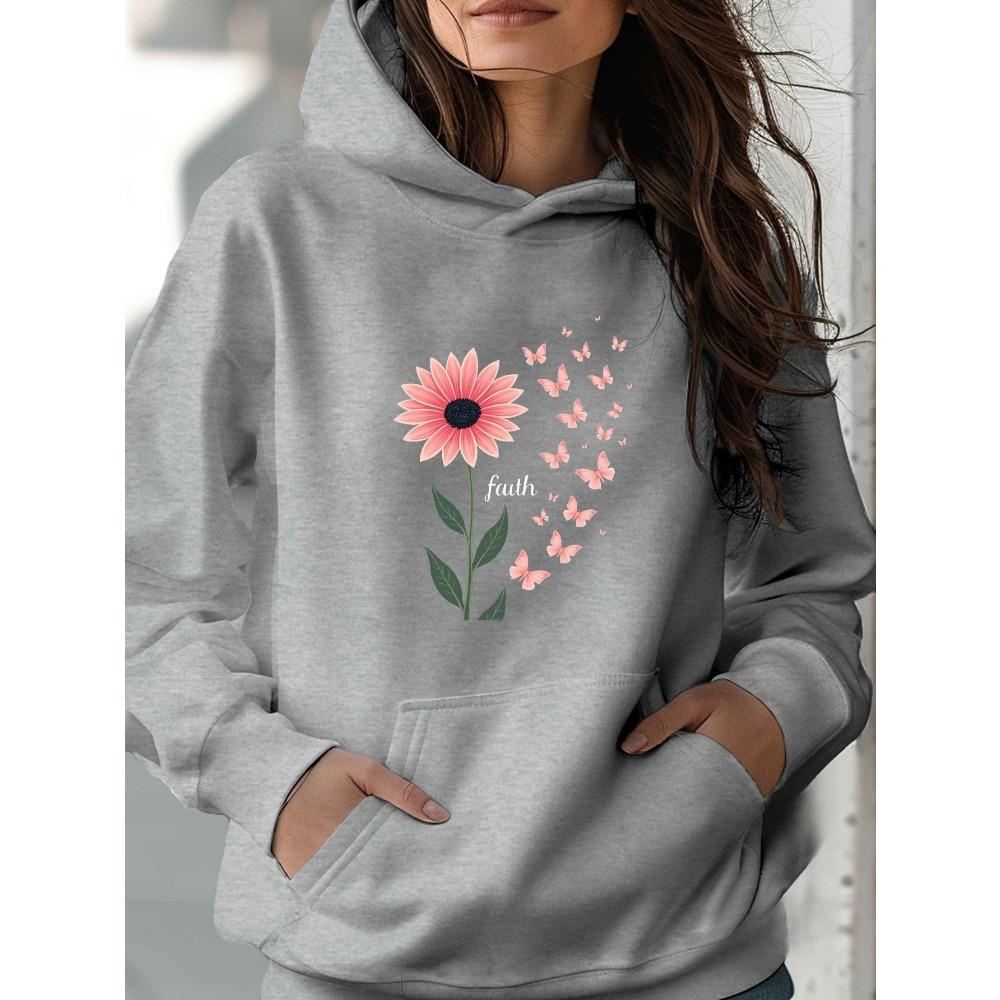 

Pink Daisy and Butterfly Print Daily Autumn and Winter Comfortable Hoodie Casual Round Neck Women s Long Sleeved Clothing 3XL