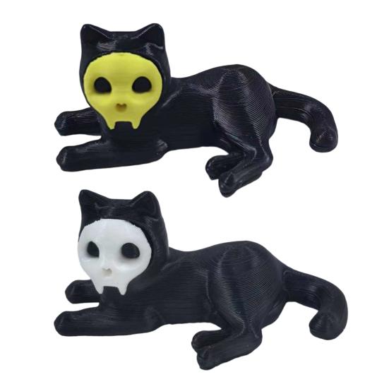 Cat Pen Holder 3D Printed Black Cat Ornament Cat Figurine with Detachable Skull Mask for Home Office Desk Halloween Decoration