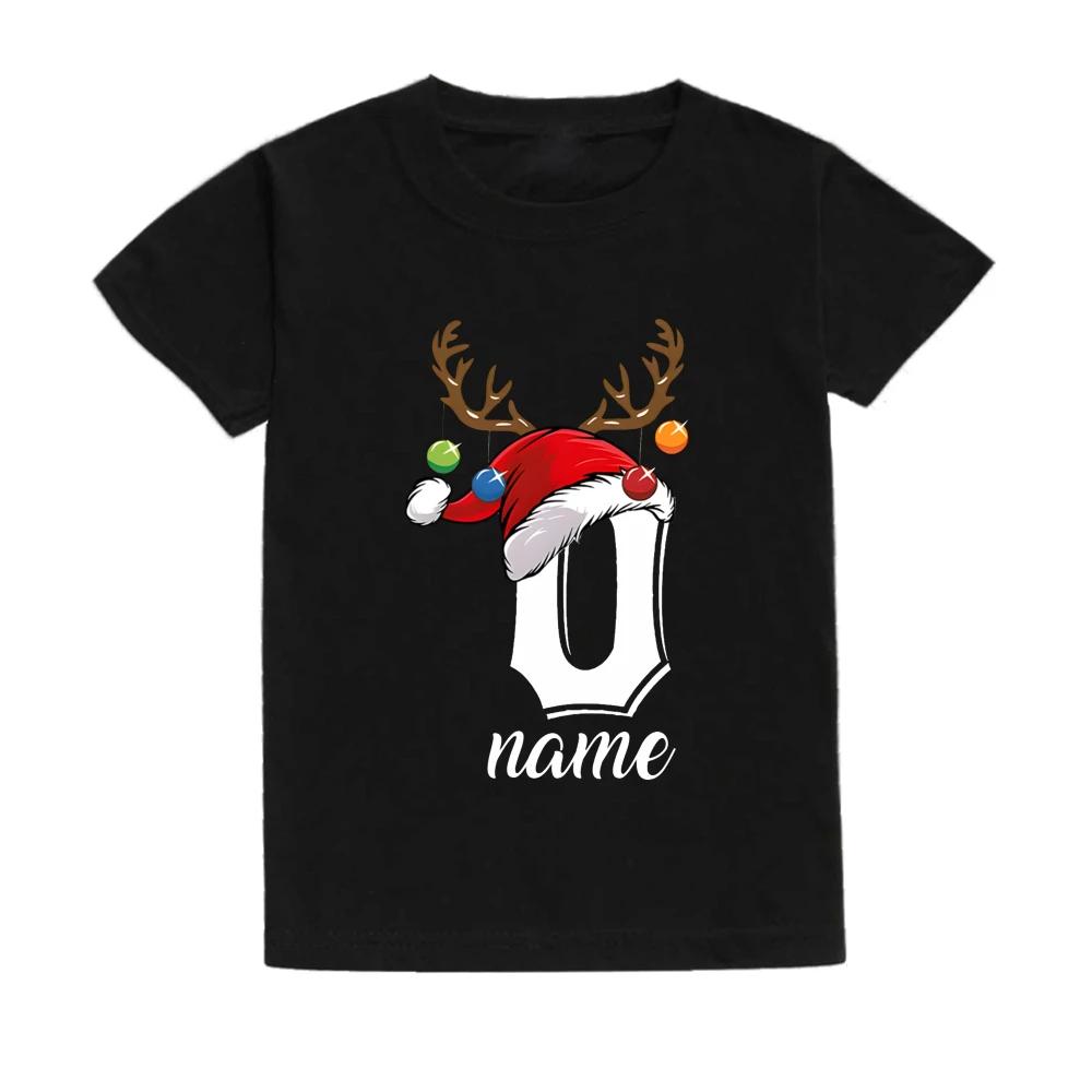 Christmas Kids T Shirt Initial with Name Child Clothes Tops Boy Girl Xmas Party Outfits Children Holiday T-shirt