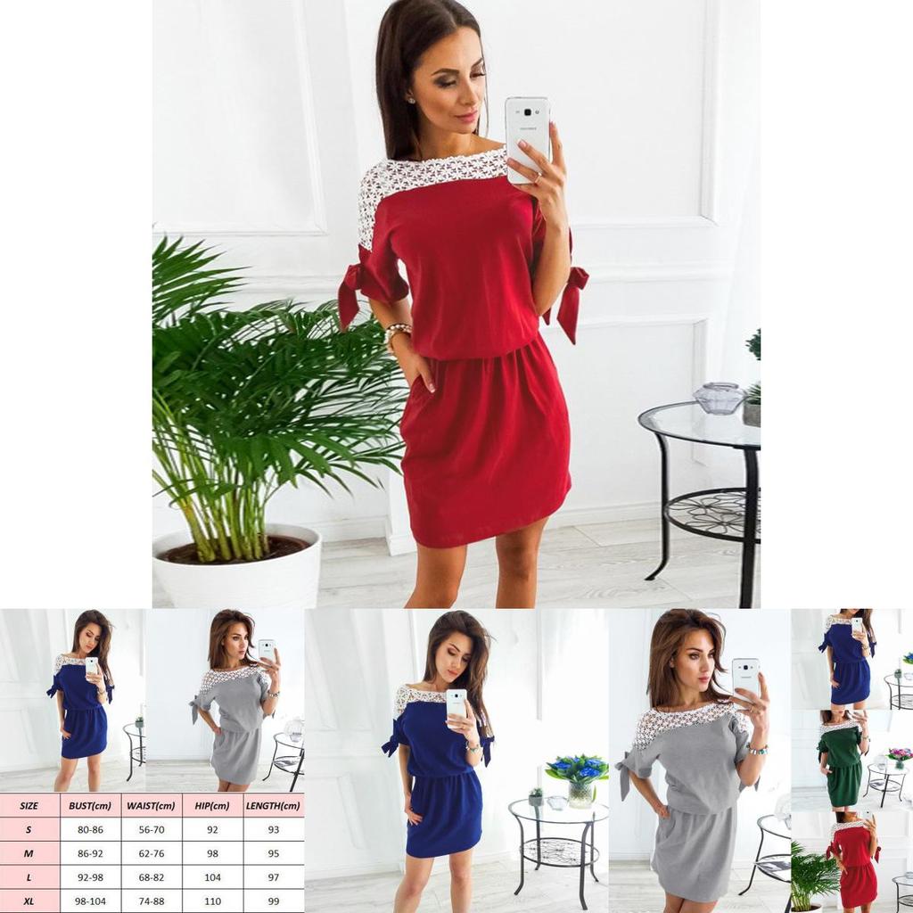Elegant Women Vintage Dress Lace O-neck With Patchwork Hollow Out Short Sleeves