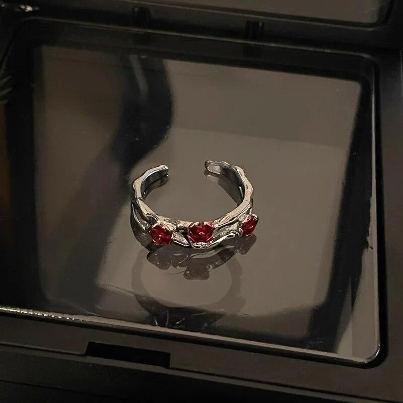 Vintage Red Enamel Cross Open Rings For Women Men Punk Hip Hop Irregular Lava Texture Rings Y2K Aesthetic Jewelry