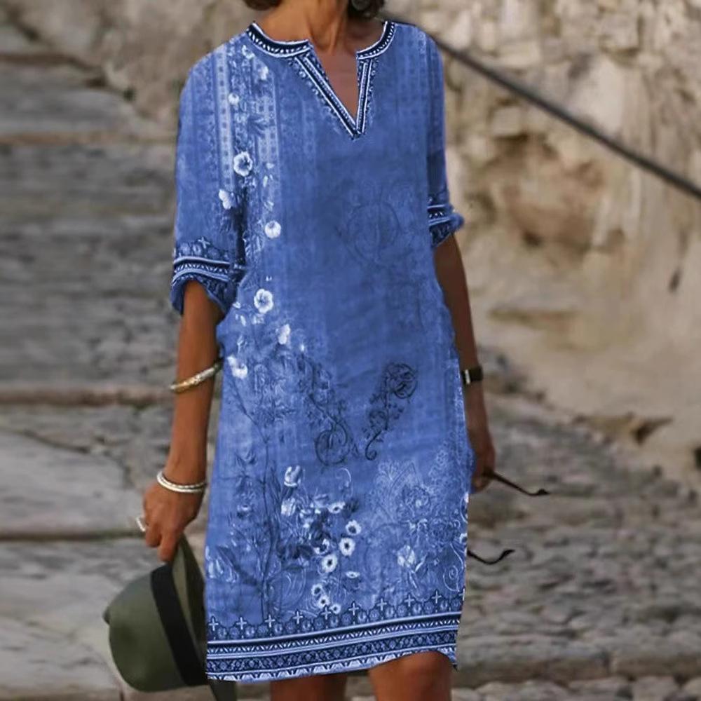 European And American Spring And Summer New Women'S Clothing European And American Casual National Retro Style Medium And Long V-Neck Short-Sleeved