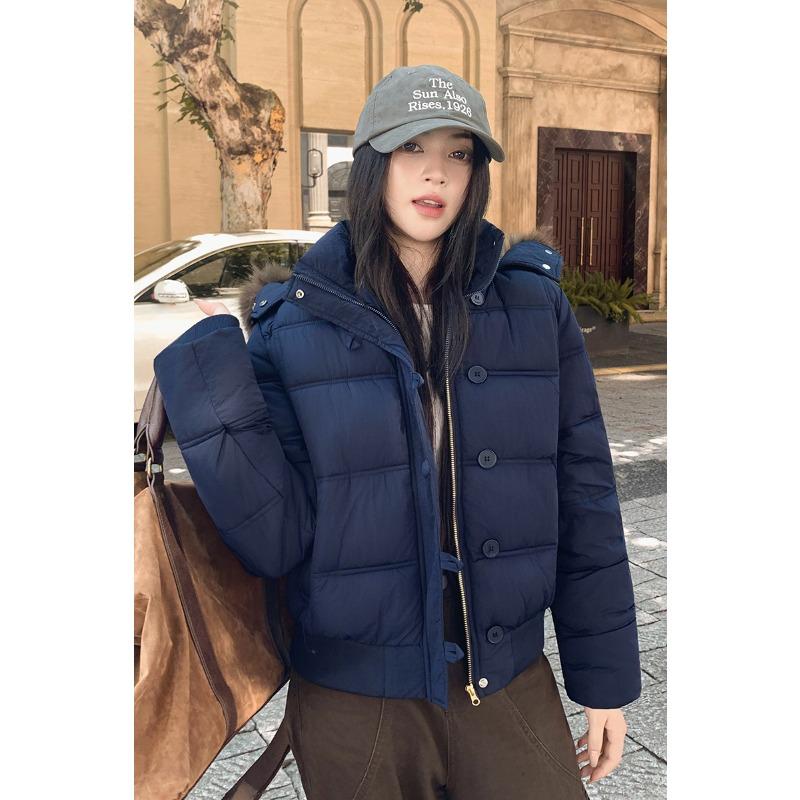 

Winter big fur collar hooded short down cotton-padded jacket for women looking thin and warm, small cotton-padded jacket XL тёмно-синий