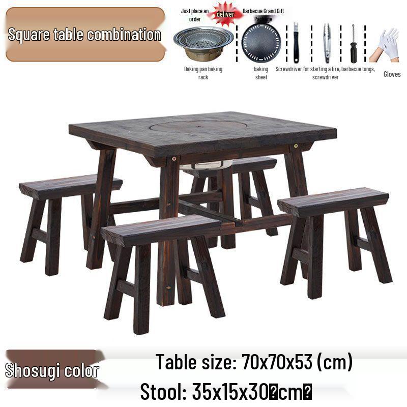 Outdoor Anti-corrosion Fire Pit Tea Table with Solid Wood and BBQ Function, Includes Indoor/Outdoor Chairs for Home Use