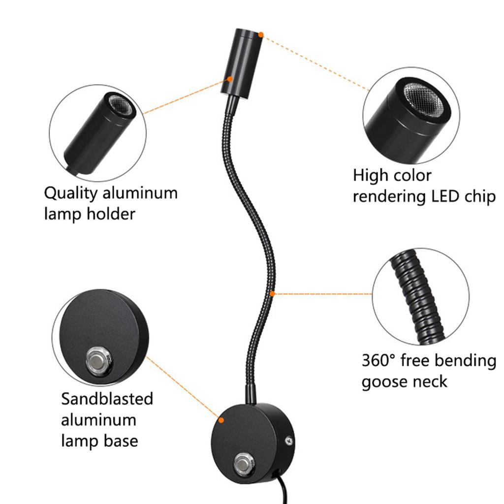 3W LED Gooseneck Wall Light with Touch Dimming for Bedside and Hotel Reading