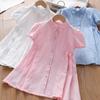 Mädchen Sommer Einfarbig Jacquard Kleid Puff Kurzarm Kragen Einreiher Taille Kordelzug Hemdkleid für Kinder