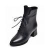 Fashion Small Pointed Martin Boots Autumn and Winter New Black Thick Heel Lace-up First Layer Cowhide Thick Heel Fashion Short Boots