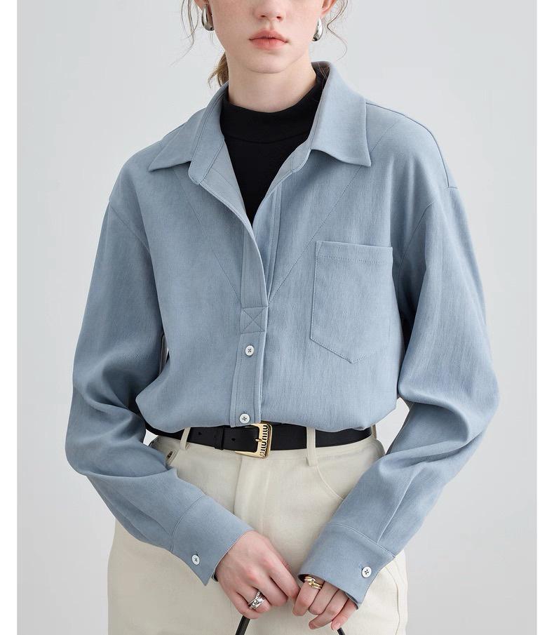 

Весна 2026 Женский стройнящий костюм-двойка Однотонная рубашка с длинным рукавом XXL синий