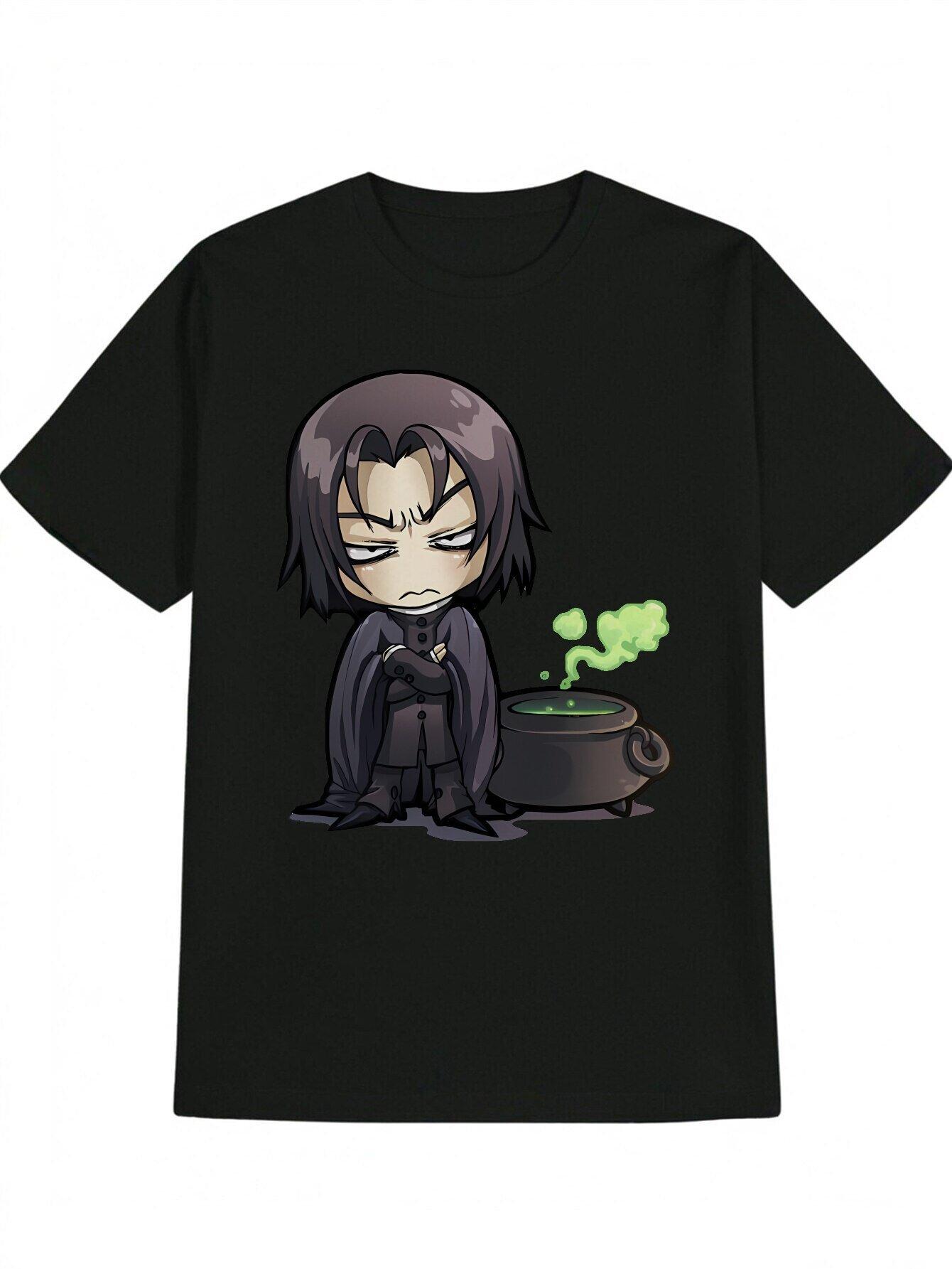 Casual Crew Neck T-shirt with Anime Wizard Print - Black Polyester Summer Tee XXXL