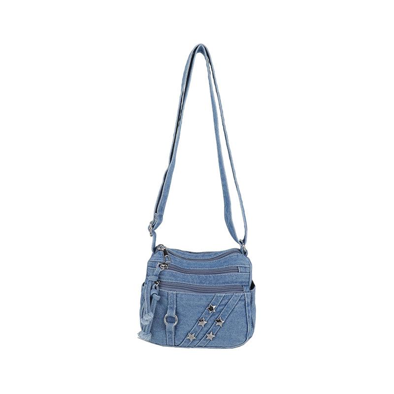 Washed Denim Crossbody Bag for Women Multi-Zipper Star Stud Casual Small Shoulder Purse