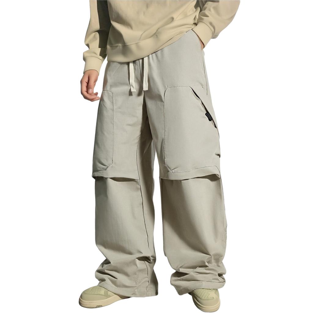 Men's Casual Solid Color Multi-pocket Cargo Pants, Men's Knee-pleated Elastic Waist-cinching Loose Straight-leg Trousers