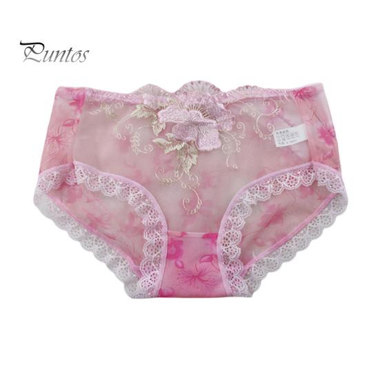 Underpants Women Panties Rose Embroidery Flower Print Mid Waist Stretch Briefs See-through Lace Sexy Ladies Underwear Daily Wear