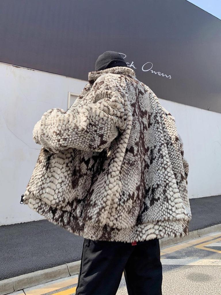 Men's Snake Skin Pattern Faux Fur Padded Jacket - Trendy Casual Outerwear