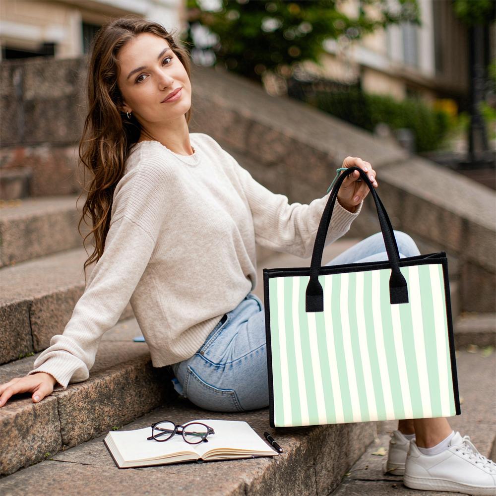 Mint White Striped Canvas Tote Bag Daily Casual Large Capacity Handbag