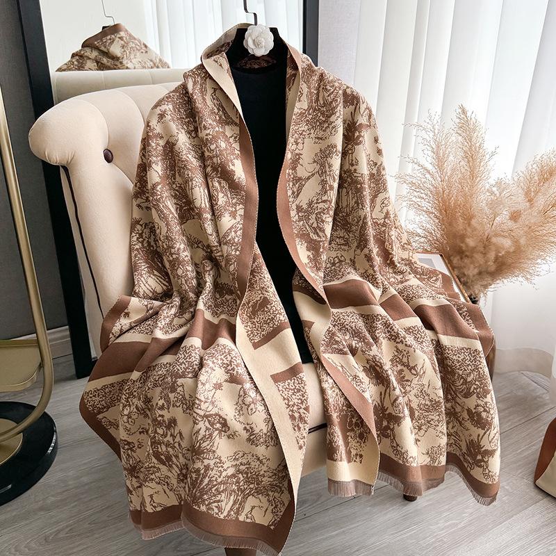 Tropical Jungle Wind Contrasting Colors Double-Sided Imitation Cashmere Scarf Winter High-End Warm Shawl