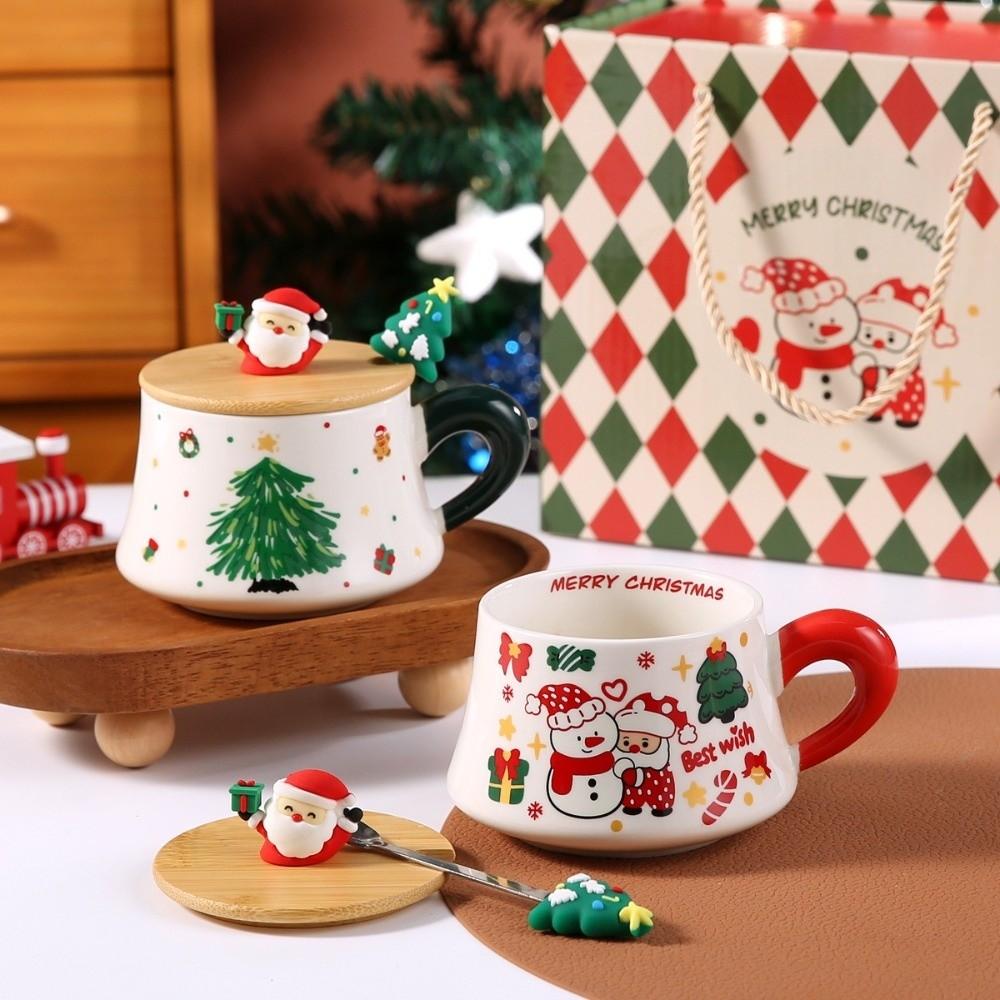 Snowman Ceramic Mugs Xmas Tree Spattered Coffee Cups New Cup Spoon Kit Holiday Season
