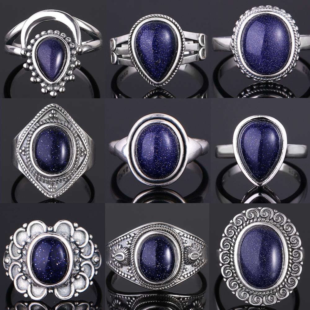 S925 Silver Ring for Women Oval Round Dropwater Natural Blue Sandstone Ring Gift Sun Shaped Retro Luxury Fine Jewelry