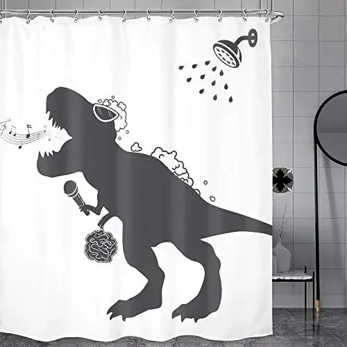 Dinozaur Śmieszny Dino Dzieci Zasłony Prysznicowe Zestaw Łazienkowy Chłopcy Zwierzę Cień Dziewczynki Kreskówka Sylwetka Czarno-Biała Sztuka Dekoracja Łazienki