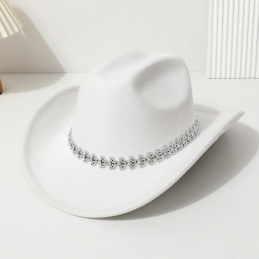 Western cowboy hat color three-dimensional hollow bright diamond handmade casual felt hat travel party festival party jazz hat