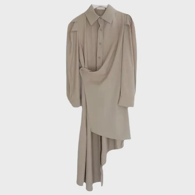 Niche French Slim Irregular Shirt Dress - Spring & Autumn, Waist-Slimming, Belly-Covering